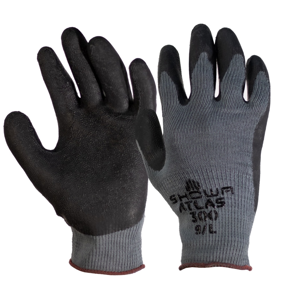 Gloves, Showa Atlas 300B, L Showa Atlas 300B (L) Gray w/Black Latex-Coated Palm with Rough Textured Coating Provides Outstanding Grip, Seamless Cotton Knit Liner Provides More Dexterity and Coolness, Elastic Knit-Wrist for Secured Fit. General Purpose Glove (Launder at 40ºC using a neutral detergent) Abrasion (3) Cut (2) Puncture (2) ANSI/ISEA 105-2005. P/N 300BL-09