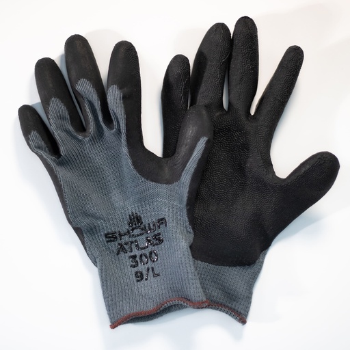 Gloves, Showa Atlas 300B, XL Showa Atlas 300B (XL) Gray w/Black Latex-Coated Palm with Rough Textured Coating Provides Outstanding Grip, Seamless Cotton Knit Liner Provides More Dexterity and Coolness, Elastic Knit-Wrist for Secured Fit. General Purpose Glove (Launder at 40ºC using a neutral detergent) Abrasion (3) Cut (2) Puncture (2) ANSI/ISEA 105-2005. P/N 300BXL-10