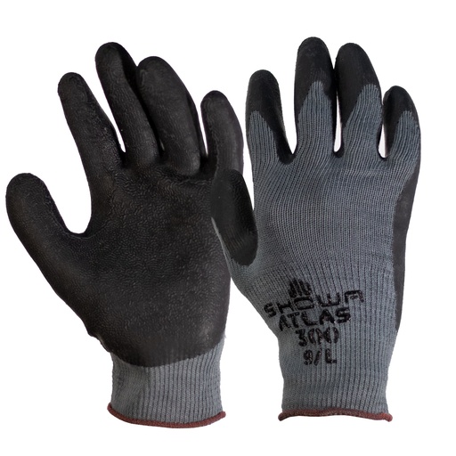Gloves, Showa Atlas 300B, L Showa Atlas 300B (L) Gray w/Black Latex-Coated Palm with Rough Textured Coating Provides Outstanding Grip, Seamless Cotton Knit Liner Provides More Dexterity and Coolness, Elastic Knit-Wrist for Secured Fit. General Purpose Glove (Launder at 40ºC using a neutral detergent) Abrasion (3) Cut (2) Puncture (2) ANSI/ISEA 105-2005. P/N 300BL-09