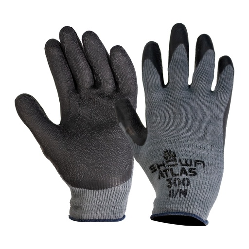 Gloves, Showa Atlas 300B, M Showa Atlas 300B (M) Gray w/Black Latex-Coated Palm with Rough Textured Coating Provides Outstanding Grip, Seamless Cotton Knit Liner Provides More Dexterity and Coolness, Elastic Knit-Wrist for Secured Fit. General Purpose Glove (Launder at 40ºC using a neutral detergent) Abrasion (3) Cut (2) Puncture (2) ANSI/ISEA 105-2005. P/N 300BM-08