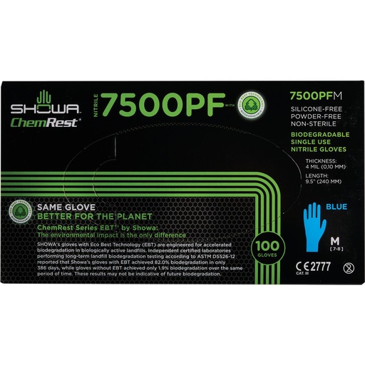 Gloves, 7500PF, M Best 7500PF (M), Eco Best Technology, Disposable Glove, 100% Nitrile, Latex/Silicone & Powder-Free, Textured Finish & Rolled Cuff, Biodegradable, Blue, 4 MIL, 9.5", 50 Pairs per box. Omnimart P/N 7500PFM