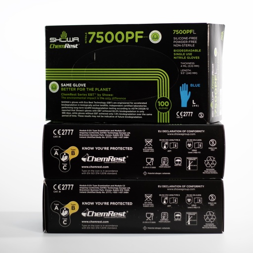 Gloves, 7500PF, L Best 7500PF (L), Eco Best Technology, Disposable Glove, 100% Nitrile, Latex/Silicone & Powder-Free, Textured Finish & Rolled Cuff, Biodegradable, Blue, 4 MIL, 9.5", 50 Pairs per box. Omnimart P/N 7500PFL