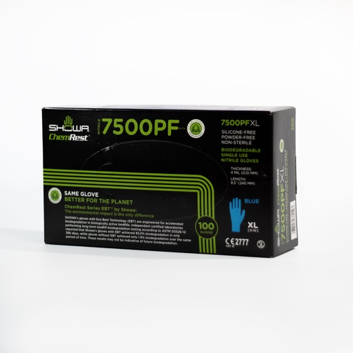 Gloves, 7500PF, XL Best 7500PF (XL), Eco Best Technology, Disposable Glove, 100% Nitrile, Latex/Silicone & Powder-Free, Textured Finish & Rolled Cuff, Biodegradable, Blue, 4 MIL, 9.5", 50 Pairs per box. Omnimart P/N 7500PFXL