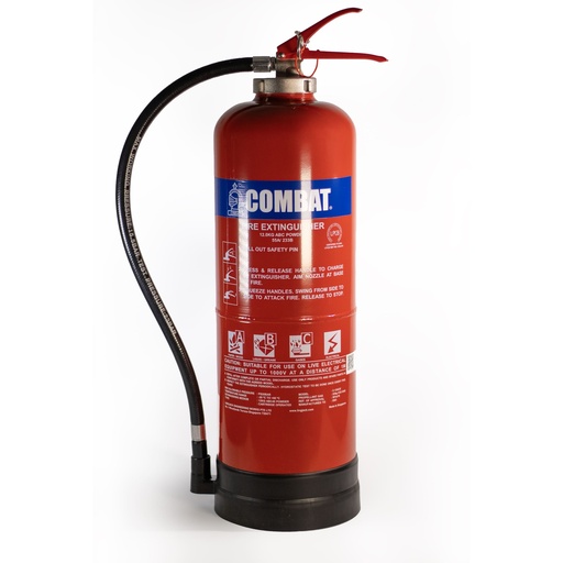 Extinguisher, (KIT) 12KG ABC, Dry Chemical, Discharge Time: 25.8 sec, Discharge Range: 10m, Working Pressure: 19.7 bar, Working Temp.: -20Deg C to +60Deg C, LPCB, Bureau Veritas Approval. c/w Fire Extinguisher Sign, Tag Seal and Inspection Tag, Brand Combat Model: KIT C-12ACE